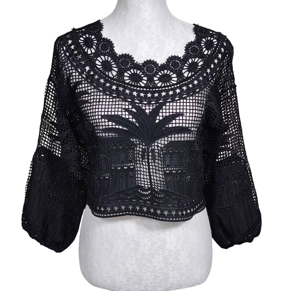 FARM Rio Tops - Farm Rio Black Crochet Lace Palm Tree & Architectural Detail Crop Top‎ Size S